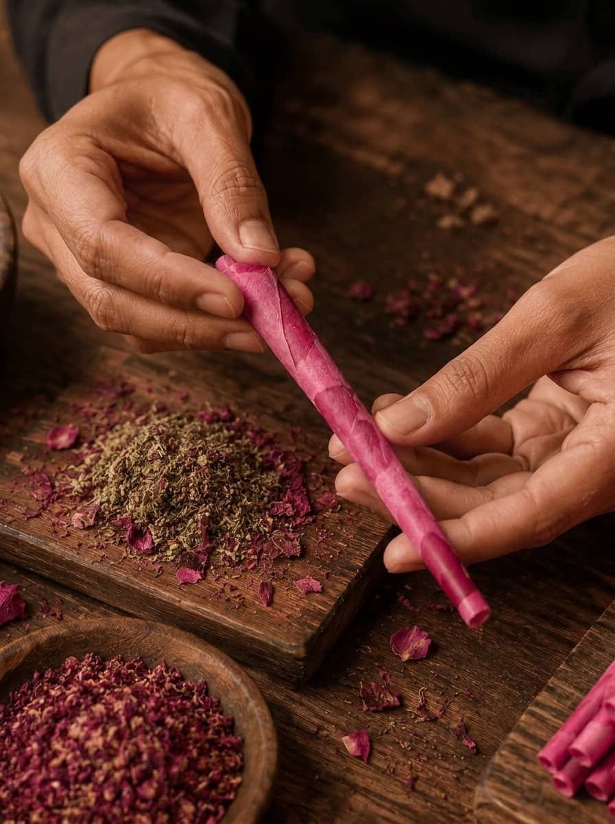 Artisan hands hand-rolling a rose petal cone surrounded by dried petals